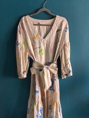 100% Linen Gorman V-Neck Abstract Maxi Dress In Natural Beige, Puff Sleeves